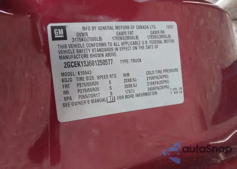 2008 Chevrolet Silverado 1500 Ltz from USA, damaged, VIN 2GCEK13J681250577